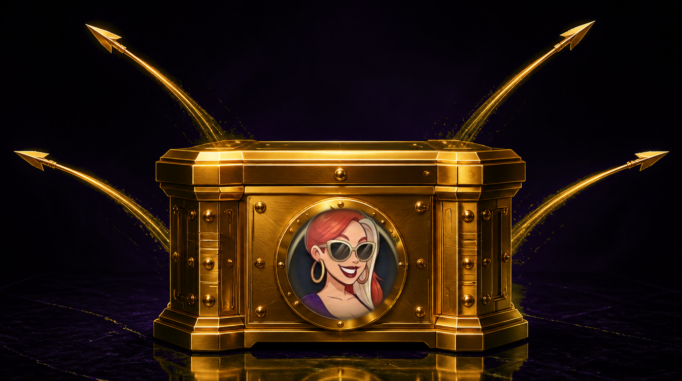A gold vault box with the URMOM emblem set into its front as a button, four gold arrows launching outward.